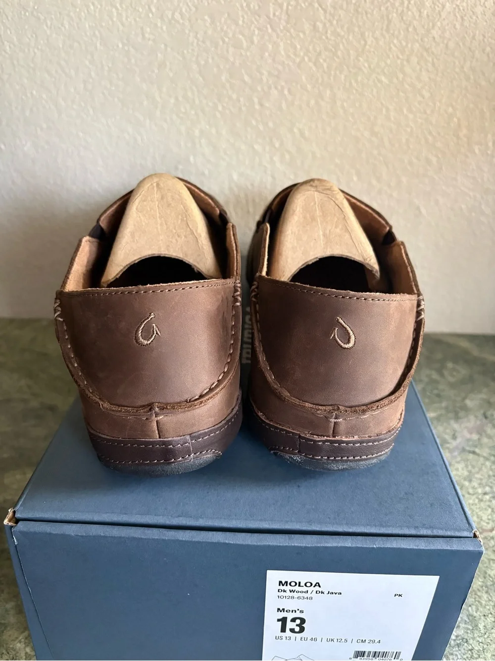 OLUKAI Moloa Men's Premium Brown Leather Shoes Loafers, Slip-On Drop-in Heel, 13